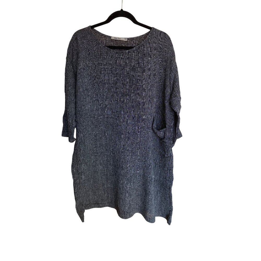 Beau Jours Women Tunic Shift Dress Size L Black White Linen Tweed Relaxed Casual